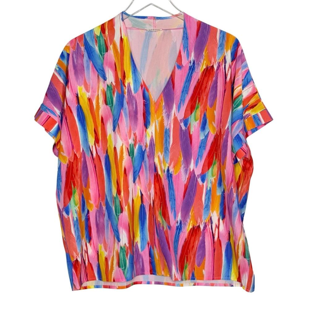 Jodifl Feathers V-Neck Shift Top S Oversized Boxy Vibrant Colorful Short Sleeve